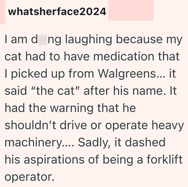 whatsherface2024 I am dong laughing because my cat had to have medication that I picked up from Walgreens... it said "the cat" after his name. It had the warning that he shouldn't drive or operate heavy machinery.... Sadly, it dashed his aspirations of being a forklift operator.