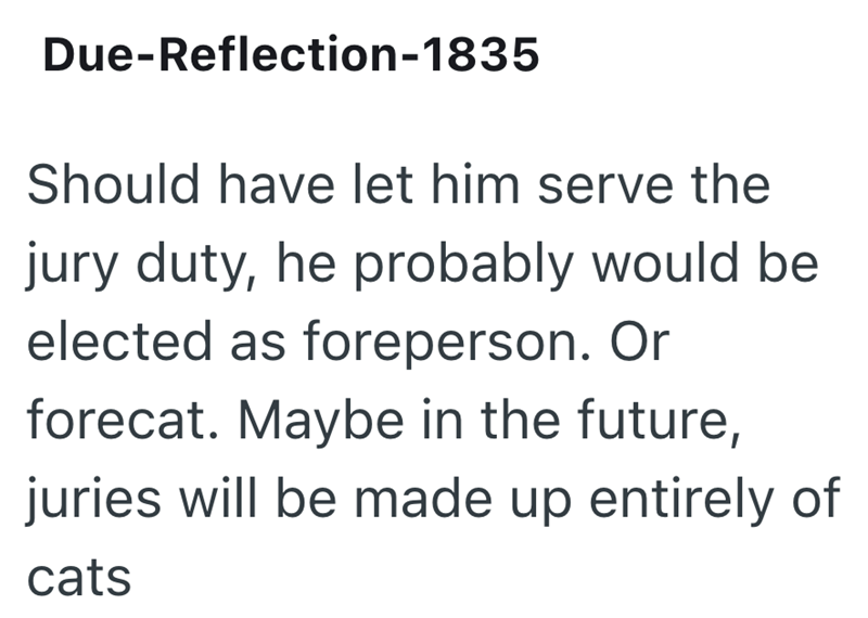 Due-Reflection-1835 Should have let him serve the jury duty, he probably would be elected as foreperson. Or forecat. Maybe in the future, juries will be made up entirely of cats