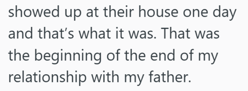 showed up at their house one day and that's what it was. That was the beginning of the end of my relationship with my father.