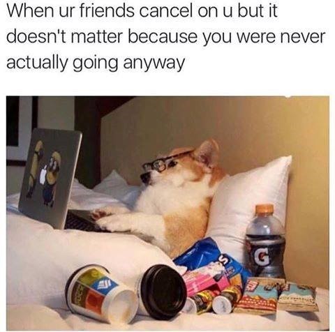When ur friends cancel on u but it doesn't matter because you were never actually going anyway 20 S
