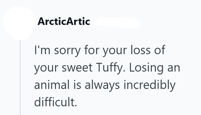 ArcticArtic I'm sorry for your loss of your sweet Tuffy. Losing an animal is always incredibly difficult.
