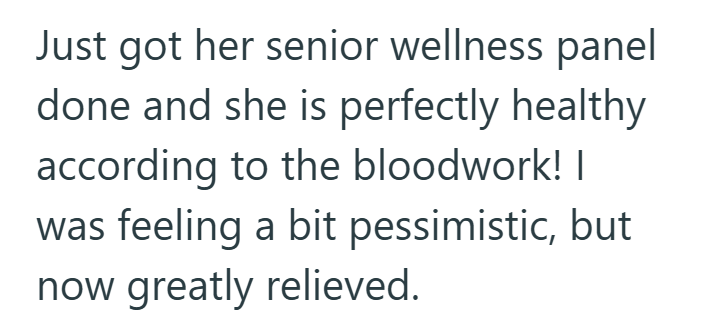 Just got her senior wellness panel done and she is perfectly healthy according to the bloodwork! I was feeling a bit pessimistic, but now greatly relieved.