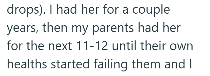 drops). I had her for a couple years, then my parents had her for the next 11-12 until their own healths started failing them and I