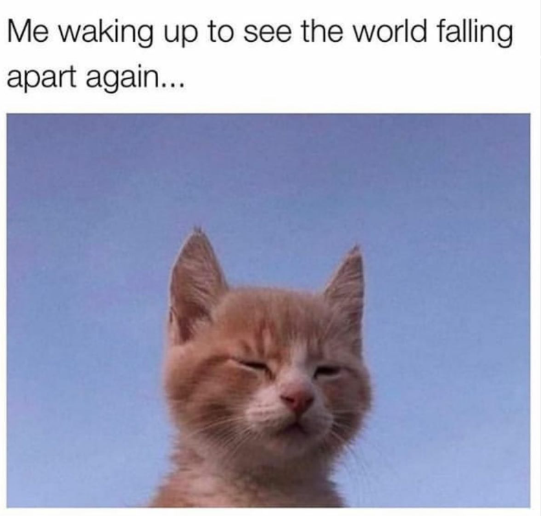 Me waking up to see the world falling apart again...