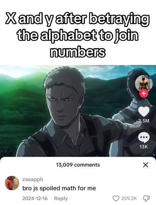 X and y after betraying the alphabet to join numbers + 2.5M 13K 13,009 comments ✗ zaaapph bro js spoiled math for me 2024-12-16 Reply 259.2K