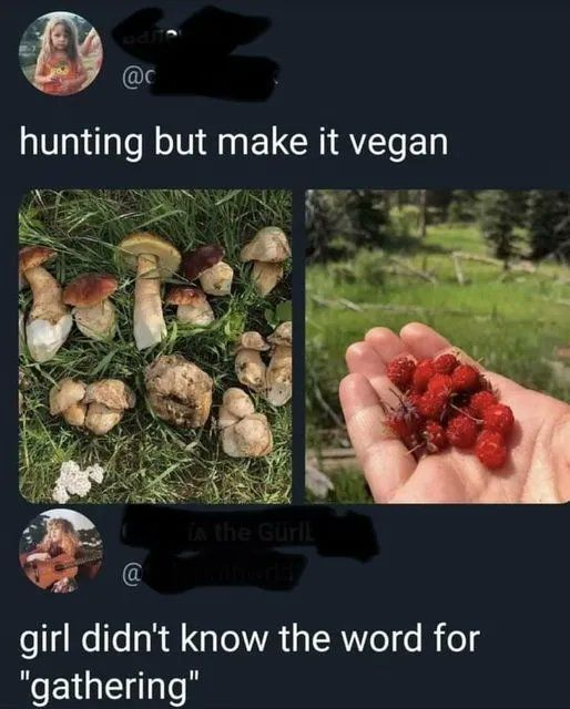 udit @c hunting but make it vegan A the GurlL @ girl didn't know the word for "gathering"