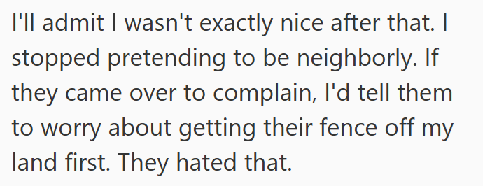 I'll admit I wasn't exactly nice after that. I stopped pretending to be neighborly. If they came over to complain, I'd tell them to worry about getting their fence off my land first. They hated that.