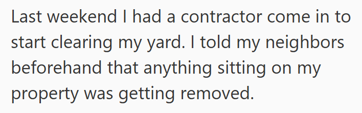Last weekend I had a contractor come in to start clearing my yard. I told my neighbors beforehand that anything sitting on my property was getting removed.