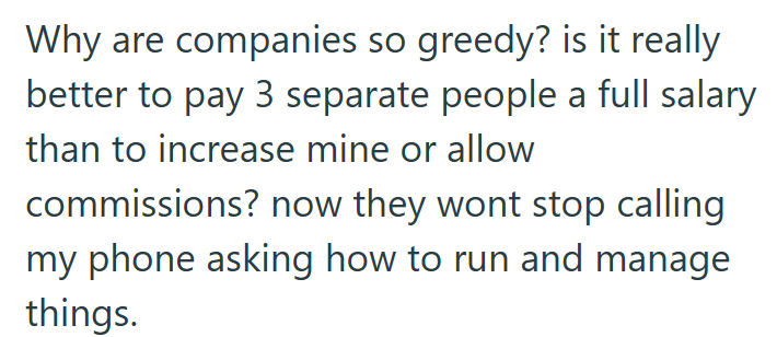 Why are companies so greedy? is it really better to pay 3 separate people a full salary than to increase mine or allow commissions? now they wont stop calling my phone asking how to run and manage things.