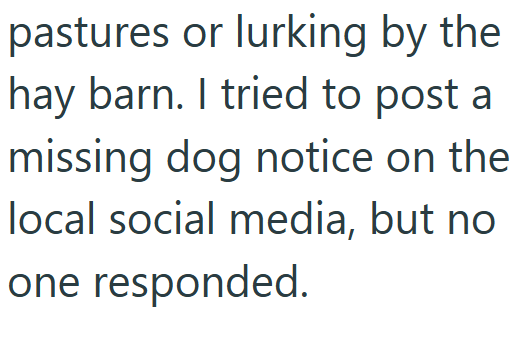 pastures or lurking by the hay barn. I tried to post a missing dog notice on the local social media, but no one responded.