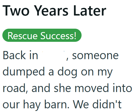 Two Years Later Rescue Success! Back in , someone dumped a dog on my road, and she moved into our hay barn. We didn't