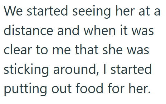 We started seeing her at a distance and when it was clear to me that she was sticking around, I started putting out food for her.