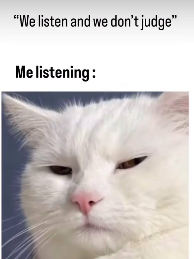 "We listen and we don't judge❞ Me listening: