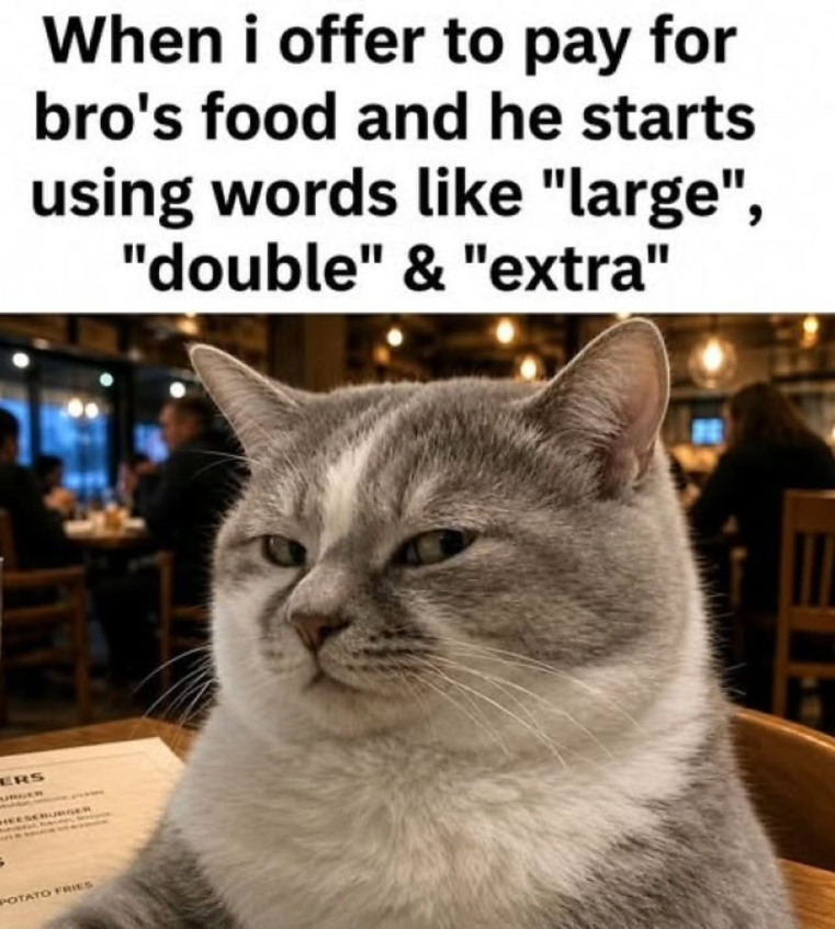 ERS EESEBURGER POTATO FRIES When i offer to pay for bro's food and he starts using words like "large", "double" & "extra"