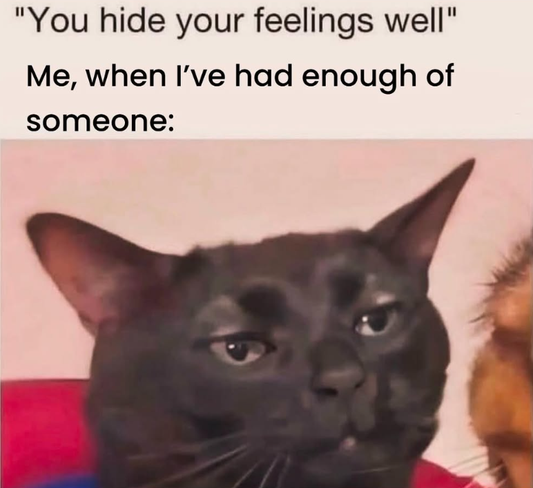 "You hide your feelings well" Me, when I've had enough of someone: