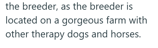 the breeder, as the breeder is located on a gorgeous farm with other therapy dogs and horses.