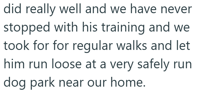 did really well and we have never stopped with his training and we took for for regular walks and let him run loose at a very safely run dog park near our home.