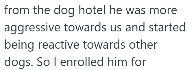 from the dog hotel he was more aggressive towards us and started being reactive towards other dogs. So I enrolled him for