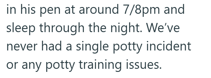 in his pen at around 7/8pm and sleep through the night. We've never had a single potty incident or any potty training issues.
