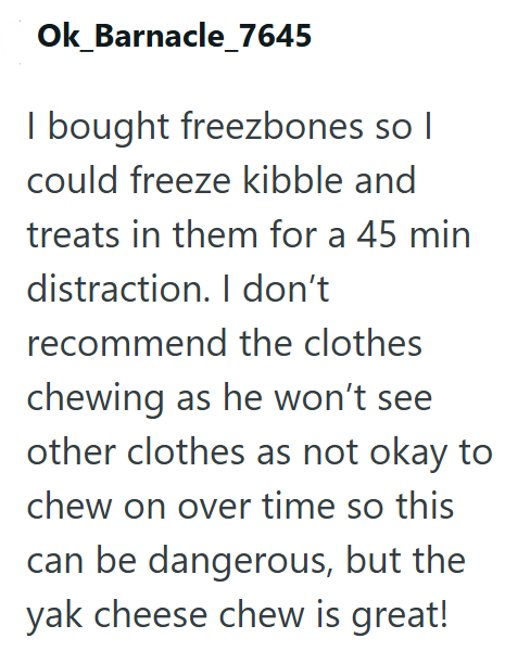 Ok_Barnacle_7645 I bought freezbones so I could freeze kibble and treats in them for a 45 min distraction. I don't recommend the clothes chewing as he won't see other clothes as not okay to chew on over time so this can be dangerous, but the yak cheese chew is great!