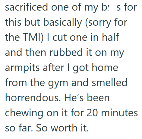 sacrificed one of my brs for this but basically (sorry for the TMI) I cut one in half and then rubbed it on my armpits after I got home. from the gym and smelled horrendous. He's been chewing on it for 20 minutes so far. So worth it.