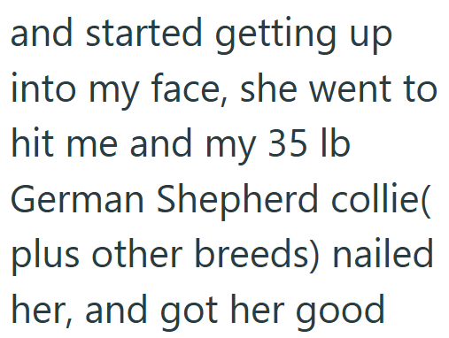 and started getting up into my face, she went to hit me and my 35 lb German Shepherd collie( plus other breeds) nailed her, and got her good