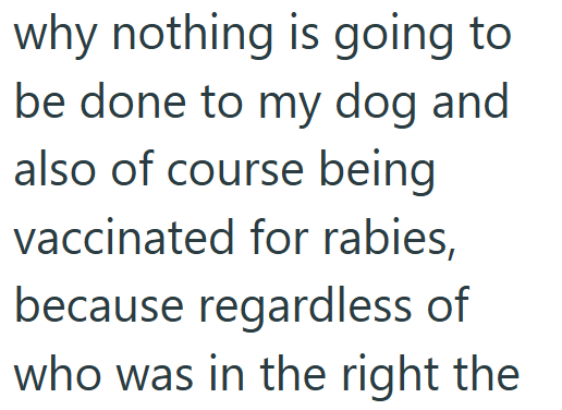 why nothing is going to be done to my dog and also of course being vaccinated for rabies, because regardless of who was in the right the