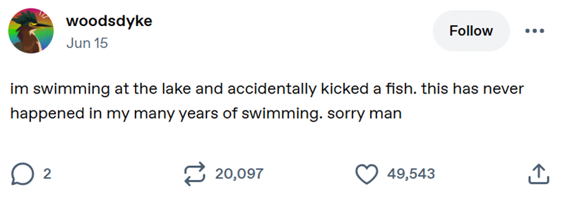 woodsdyke Jun 15 Follow im swimming at the lake and accidentally kicked a fish. this has never happened in my many years of swimming. sorry man о 2 20,097 49,543 +]