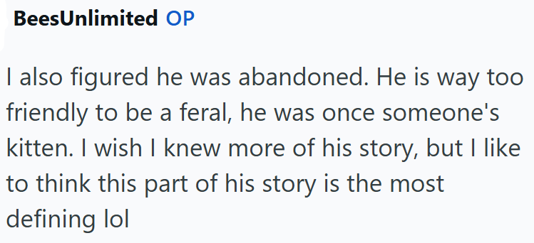 BeesUnlimited OP I also figured he was abandoned. He is way too friendly to be a feral, he was once someone's kitten. I wish I knew more of his story, but I like to think this part of his story is the most defining lol
