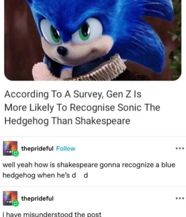 According To A Survey, Gen Z Is More Likely To Recognise Sonic The Hedgehog Than Shakespeare theprideful Follow well yeah how is shakespeare gonna recognize a blue hedgehog when he's d d theprideful i have misunderstood the post