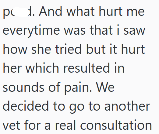 p. And what hurt me everytime was that i saw how she tried but it hurt her which resulted in sounds of pain. We decided to go to another vet for a real consultation