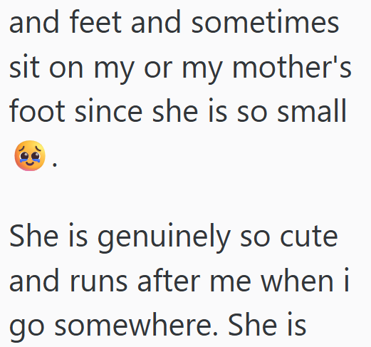 and feet and sometimes sit on my or my mother's foot since she is so small She is genuinely so cute and runs after me when i go somewhere. She is