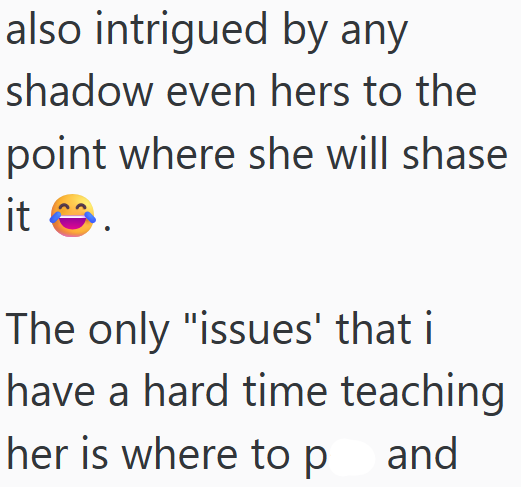 also intrigued by any shadow even hers to the point where she will shase it ☺ The only "issues' that i have a hard time teaching her is where to p and
