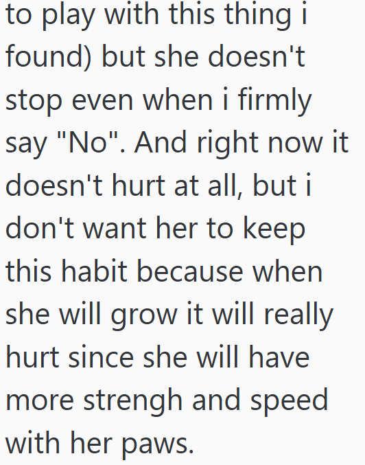 to play with this thing i found) but she doesn't stop even when i firmly say "No". And right now it doesn't hurt at all, but i don't want her to keep this habit because when she will grow it will really hurt since she will have more strengh and speed with her paws.