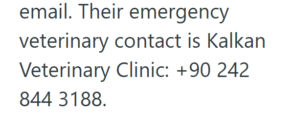 email. Their emergency veterinary contact is Kalkan Veterinary Clinic: +90 242 844 3188.