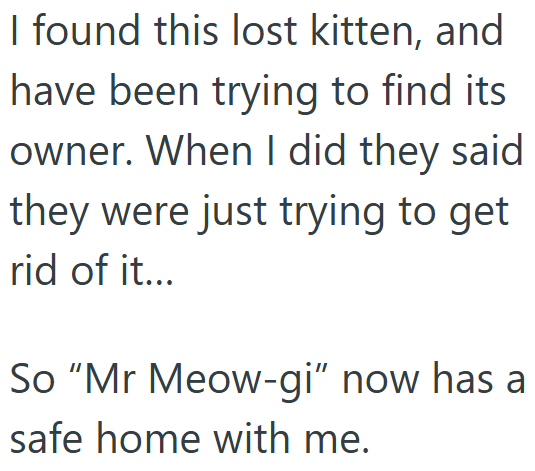 I found this lost kitten, and have been trying to find its owner. When I did they said they were just trying to get rid of it... So "Mr Meow-gi" now has a safe home with me.