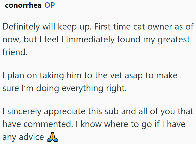 conorrhea OP Definitely will keep up. First time cat owner as of now, but I feel I immediately found my greatest friend. I plan on taking him to the vet asap to make sure I'm doing everything right. I sincerely appreciate this sub and all of you that have commented. I know where to go if I have any advice A