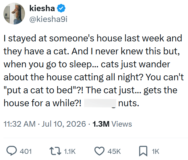 kiesha @kiesha9i I stayed at someone's house last week and they have a cat. And I never knew this but, when you go to sleep... cats just wander about the house catting all night? You can't "put a cat to bed"?! The cat just... gets the house for a while?! nuts. 11:32 AM ⚫ Jul 10, 2026 1.3M Views 401 1.1K 45K ☐ 1K