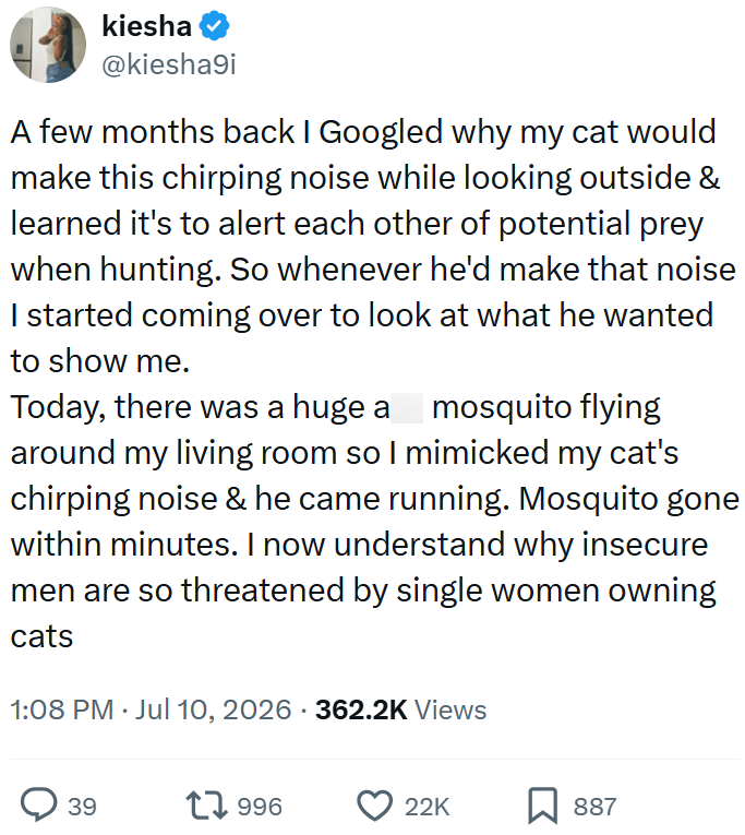kiesha @kiesha9i A few months back I Googled why my cat would make this chirping noise while looking outside & learned it's to alert each other of potential prey when hunting. So whenever he'd make that noise I started coming over to look at what he wanted to show me. Today, there was a huge a mosquito flying around my living room so I mimicked my cat's chirping noise & he came running. Mosquito gone within minutes. I now understand why insecure men are so threatened by single women owning cats