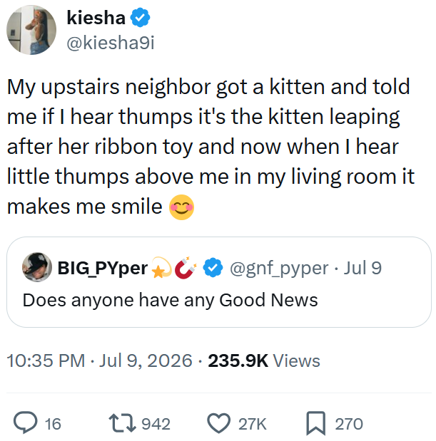 kiesha @kiesha9i My upstairs neighbor got a kitten and told me if I hear thumps it's the kitten leaping after her ribbon toy and now when I hear little thumps above me in my living room it makes me smile BIG_PYper @gnf_pyper Jul 9 Does anyone have any Good News 10:35 PM ⚫ Jul 9, 2026 235.9K Views 16 17942 27K ☐ 270