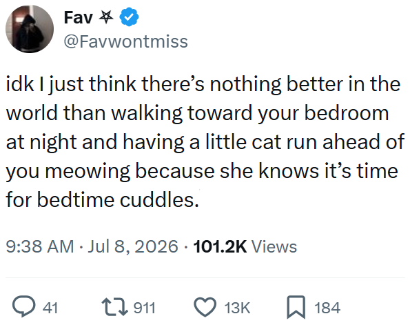 Fav @Favwontmiss idk I just think there's nothing better in the world than walking toward your bedroom at night and having a little cat run ahead of you meowing because she knows it's time for bedtime cuddles. 9:38 AM ⚫ Jul 8, 2026 101.2K Views • • 41 1911 13K 184