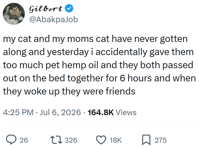 Gilbert @AbakpaJob my cat and my moms cat have never gotten along and yesterday i accidentally gave them too much pet hemp oil and they both passed out on the bed together for 6 hours and when they woke up they were friends 4:25 PM. Jul 6, 2026 · 164.8K Views 26 17326 18K ☐ 275