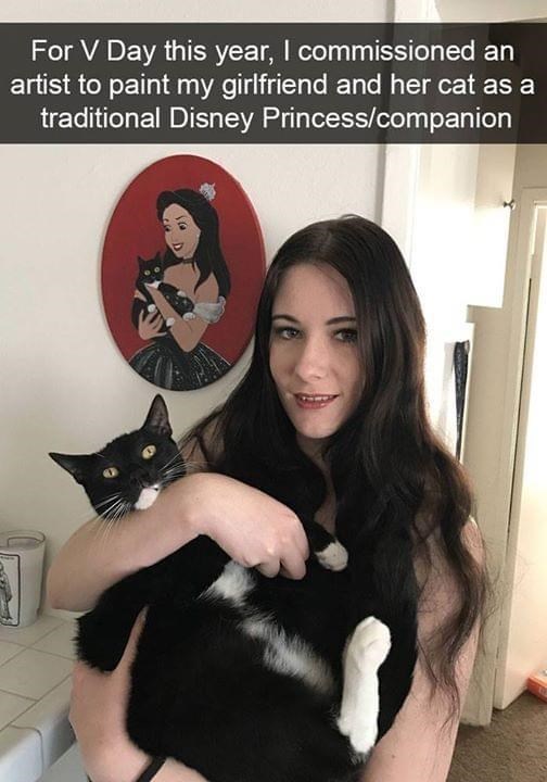 For V Day this year, I commissioned an artist to paint my girlfriend and her cat as a traditional Disney Princess/companion