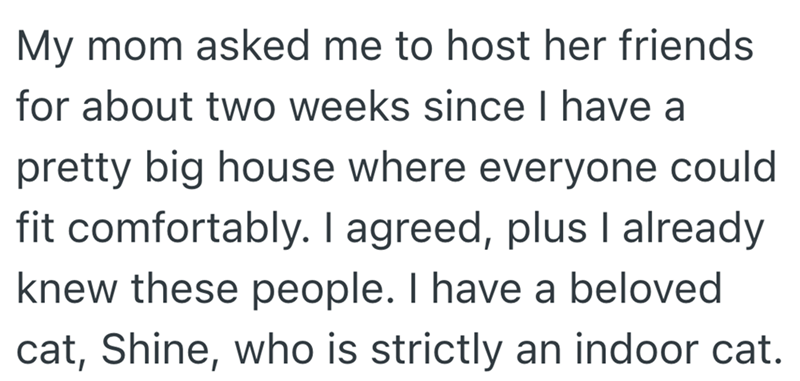 My mom asked me to host her friends for about two weeks since I have a pretty big house where everyone could fit comfortably. I agreed, plus I already knew these people. I have a beloved cat, Shine, who is strictly an indoor cat.