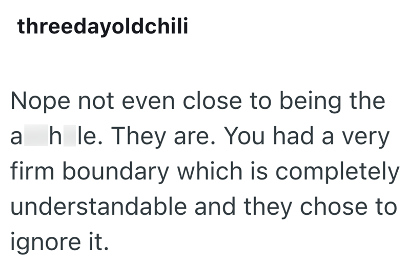 threedayoldchili Nope not even close to being the ah le. They are. You had a very firm boundary which is completely understandable and they chose to ignore it.