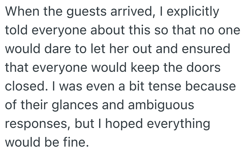 When the guests arrived, I explicitly told everyone about this so that no one would dare to let her out and ensured that everyone would keep the doors closed. I was even a bit tense because of their glances and ambiguous responses, but I hoped everything would be fine.