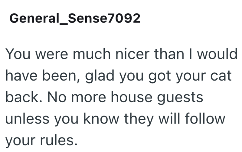 General_Sense7092 You were much nicer than I would have been, glad you got your cat back. No more house guests unless you know they will follow your rules.