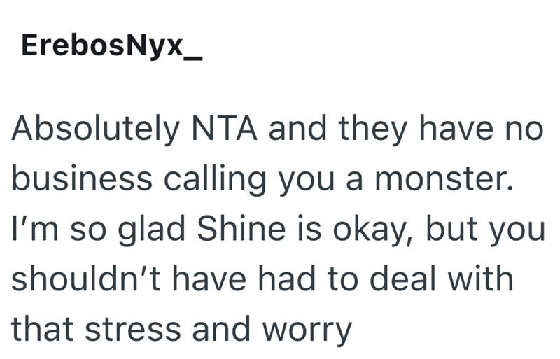 ErebosNyx_ Absolutely NTA and they have no business calling you a monster. I'm so glad Shine is okay, but you shouldn't have had to deal with that stress and worry
