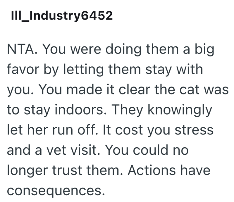III_Industry6452 NTA. You were doing them a big favor by letting them stay with you. You made it clear the cat was to stay indoors. They knowingly let her run off. It cost you stress and a vet visit. You could no longer trust them. Actions have consequences.