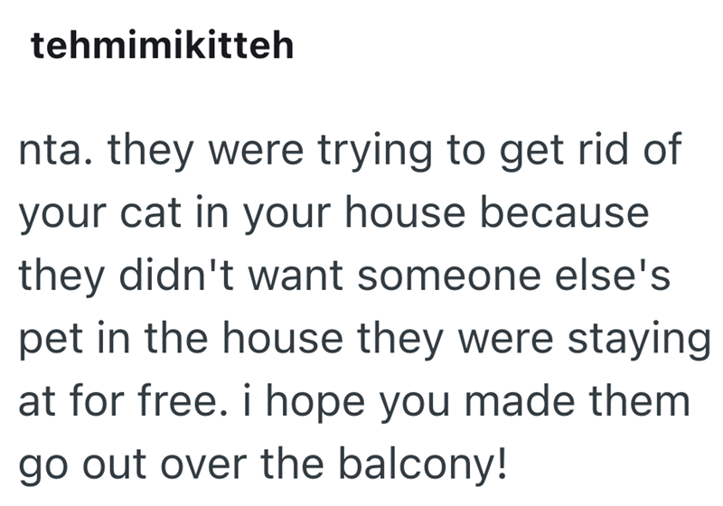 tehmimikitteh nta. they were trying to get rid of your cat in your house because they didn't want someone else's pet in the house they were staying at for free. i hope you made them go out over the balcony!